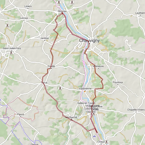 Map miniature of "Chauvigny Trail" cycling inspiration in Poitou-Charentes, France. Generated by Tarmacs.app cycling route planner