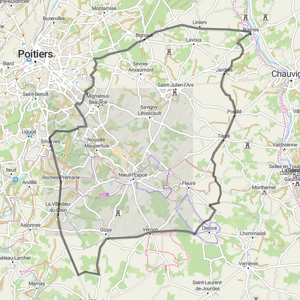 Miniature de la carte de l'inspiration cycliste "Le Circuit de Dienné" dans la Poitou-Charentes, France. Générée par le planificateur d'itinéraire cycliste Tarmacs.app