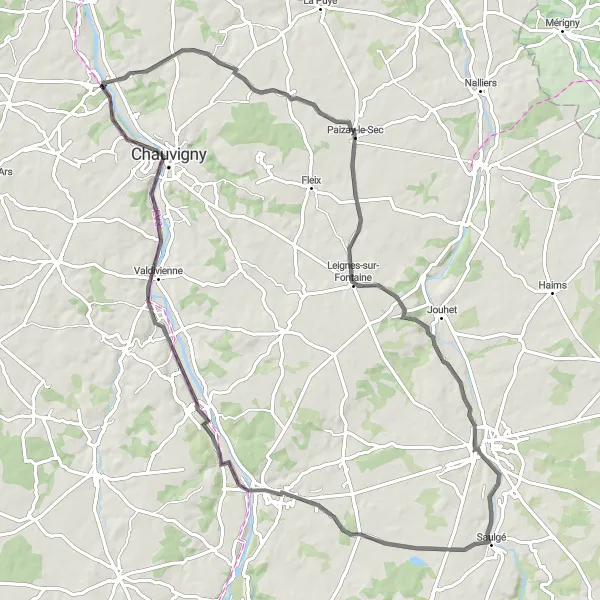 Map miniature of "Scenic Road Route to Montmorillon and Civaux" cycling inspiration in Poitou-Charentes, France. Generated by Tarmacs.app cycling route planner