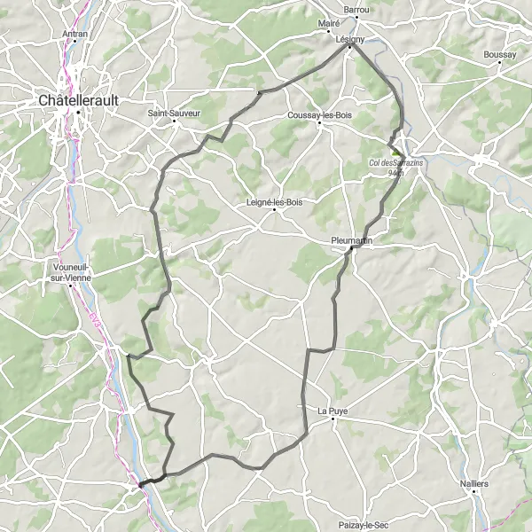 Map miniature of "Scenic Road Route to Pleumartin and Col desSarrazins" cycling inspiration in Poitou-Charentes, France. Generated by Tarmacs.app cycling route planner