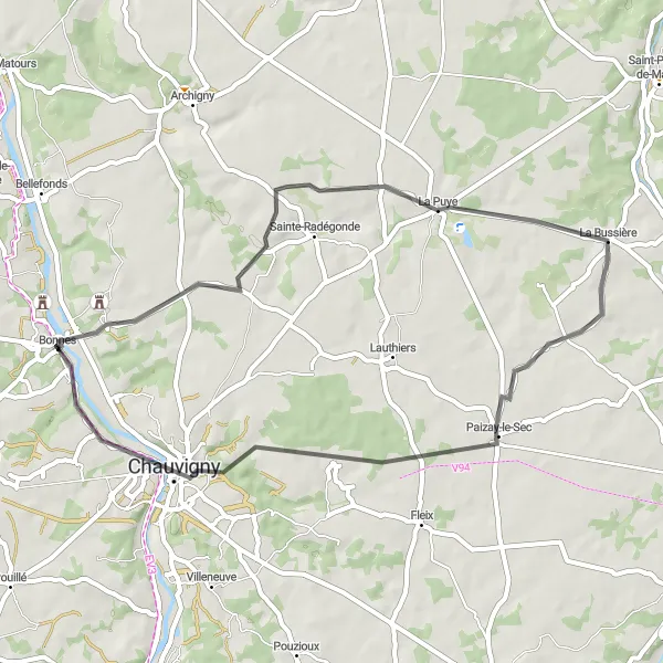 Miniature de la carte de l'inspiration cycliste "Boucle de La Puye" dans la Poitou-Charentes, France. Générée par le planificateur d'itinéraire cycliste Tarmacs.app