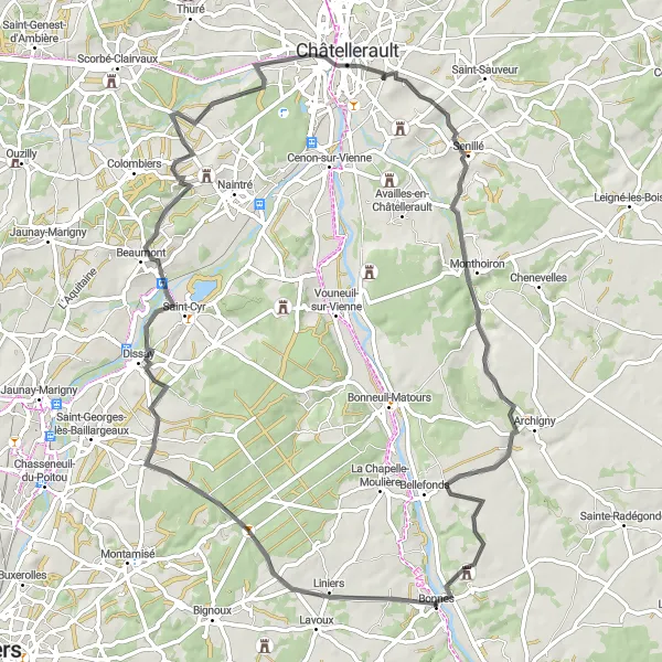 Miniature de la carte de l'inspiration cycliste "Le Circuit de Châtellerault" dans la Poitou-Charentes, France. Générée par le planificateur d'itinéraire cycliste Tarmacs.app