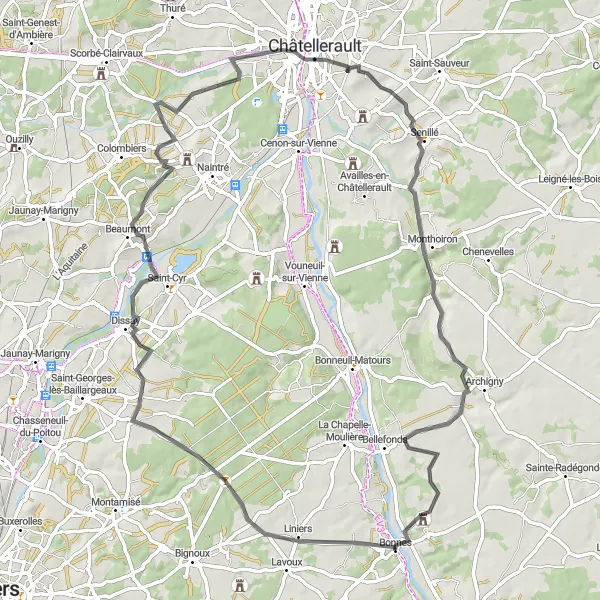 Map miniature of "Liniers Discovery" cycling inspiration in Poitou-Charentes, France. Generated by Tarmacs.app cycling route planner