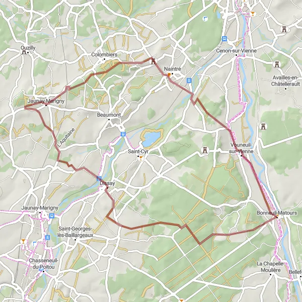 Miniature de la carte de l'inspiration cycliste "Boucle Gravel de 48 km en direction de Bonneuil-Matours" dans la Poitou-Charentes, France. Générée par le planificateur d'itinéraire cycliste Tarmacs.app