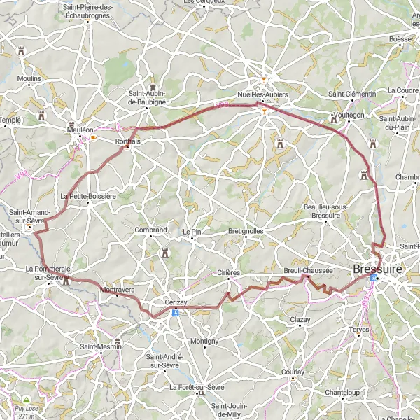 Map miniature of "The Cirières Loop" cycling inspiration in Poitou-Charentes, France. Generated by Tarmacs.app cycling route planner