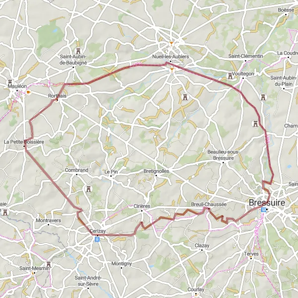 Miniature de la carte de l'inspiration cycliste "Boucle des Collines" dans la Poitou-Charentes, France. Générée par le planificateur d'itinéraire cycliste Tarmacs.app