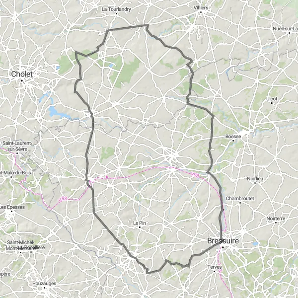 Map miniature of "Vezins Loop" cycling inspiration in Poitou-Charentes, France. Generated by Tarmacs.app cycling route planner