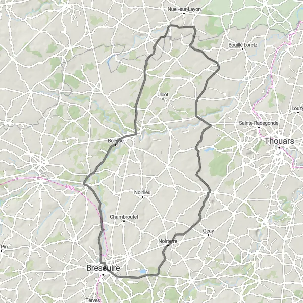 Miniature de la carte de l'inspiration cycliste "Les Villages de la Vallée de Thouet" dans la Poitou-Charentes, France. Générée par le planificateur d'itinéraire cycliste Tarmacs.app