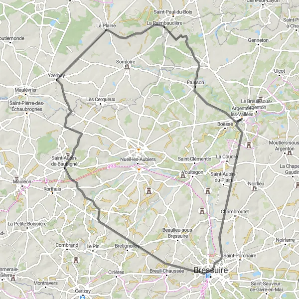Map miniature of "The Argenton-les-Vallées Route" cycling inspiration in Poitou-Charentes, France. Generated by Tarmacs.app cycling route planner