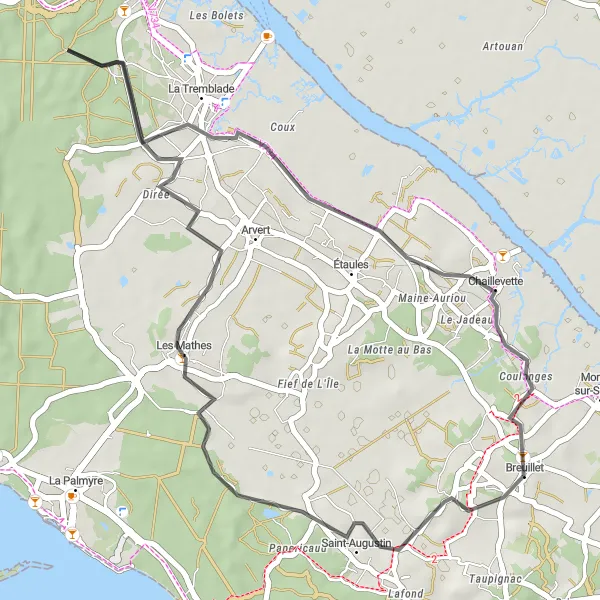 Miniature de la carte de l'inspiration cycliste "La Boucle Côtière de Breuillet" dans la Poitou-Charentes, France. Générée par le planificateur d'itinéraire cycliste Tarmacs.app