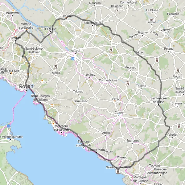 Miniature de la carte de l'inspiration cycliste "Tour en vélo Mornac-sur-Seudre" dans la Poitou-Charentes, France. Générée par le planificateur d'itinéraire cycliste Tarmacs.app