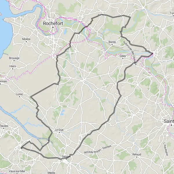 Miniature de la carte de l'inspiration cycliste "Itinéraire cyclable à travers Saujon" dans la Poitou-Charentes, France. Générée par le planificateur d'itinéraire cycliste Tarmacs.app