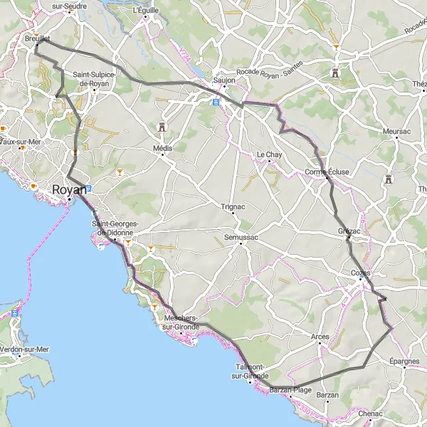 Map miniature of "Road Cycling in Charente-Maritime" cycling inspiration in Poitou-Charentes, France. Generated by Tarmacs.app cycling route planner