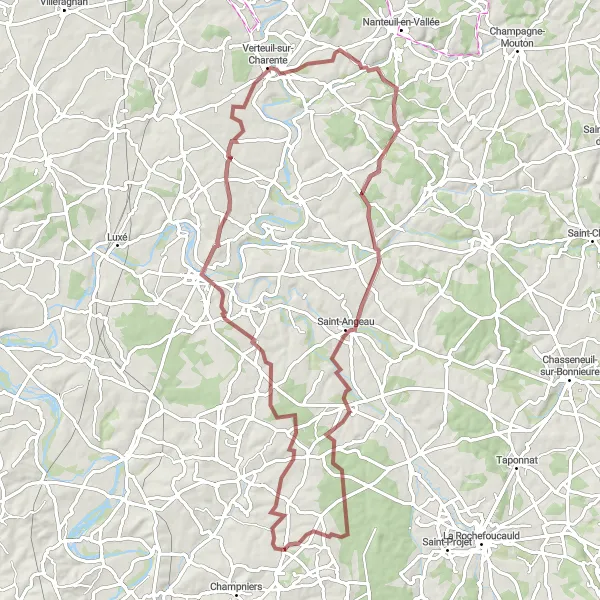 Miniature de la carte de l'inspiration cycliste "Nanclars - Saint-Amant-de-Bonnieure Circuit" dans la Poitou-Charentes, France. Générée par le planificateur d'itinéraire cycliste Tarmacs.app