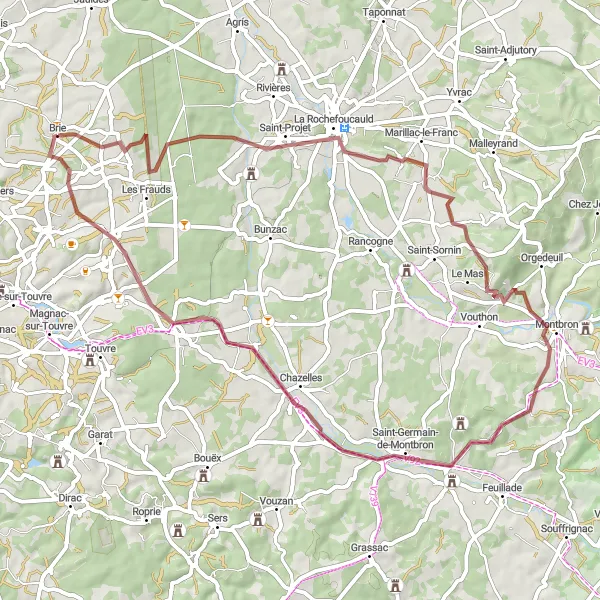 Map miniature of "La Rochefoucauld Gravel Loop" cycling inspiration in Poitou-Charentes, France. Generated by Tarmacs.app cycling route planner