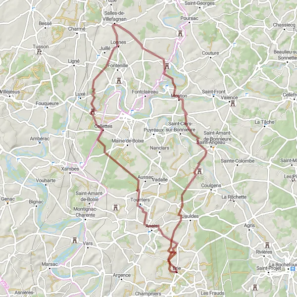 Map miniature of "Gravel Adventure to Château d'Échoisy" cycling inspiration in Poitou-Charentes, France. Generated by Tarmacs.app cycling route planner