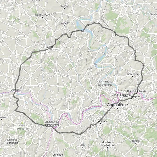 Miniature de la carte de l'inspiration cycliste "Angoulême - Xambes Loop" dans la Poitou-Charentes, France. Générée par le planificateur d'itinéraire cycliste Tarmacs.app