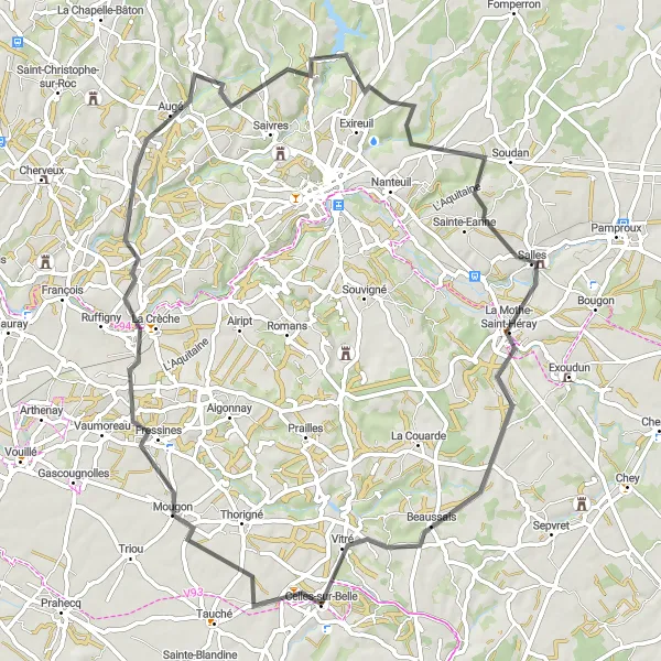 Miniature de la carte de l'inspiration cycliste "Le Circuit du Patrimoine" dans la Poitou-Charentes, France. Générée par le planificateur d'itinéraire cycliste Tarmacs.app