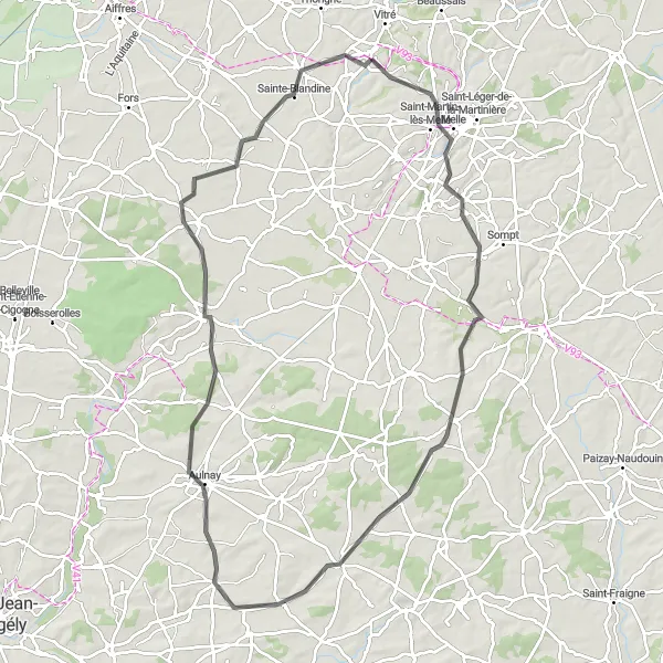 Miniature de la carte de l'inspiration cycliste "Le Tour des Villages" dans la Poitou-Charentes, France. Générée par le planificateur d'itinéraire cycliste Tarmacs.app