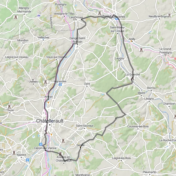 Miniature de la carte de l'inspiration cycliste "Tour du Château de la Guerche" dans la Poitou-Charentes, France. Générée par le planificateur d'itinéraire cycliste Tarmacs.app