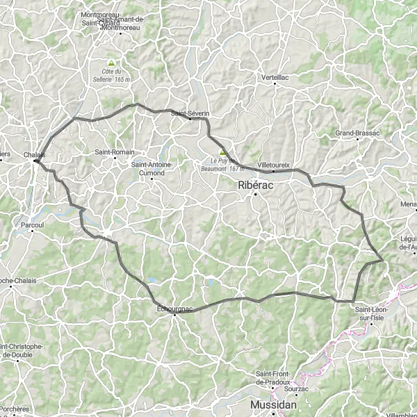 Map miniature of "A Ride Through Historic Chalais" cycling inspiration in Poitou-Charentes, France. Generated by Tarmacs.app cycling route planner