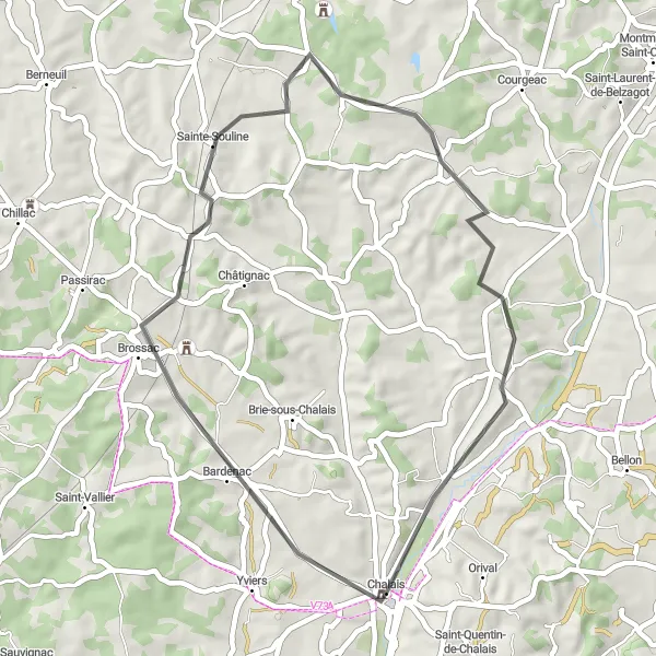 Map miniature of "Brossac Loop" cycling inspiration in Poitou-Charentes, France. Generated by Tarmacs.app cycling route planner