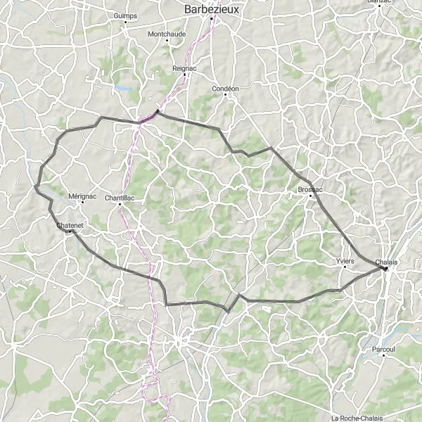 Map miniature of "Challenging Route to Bardenac" cycling inspiration in Poitou-Charentes, France. Generated by Tarmacs.app cycling route planner