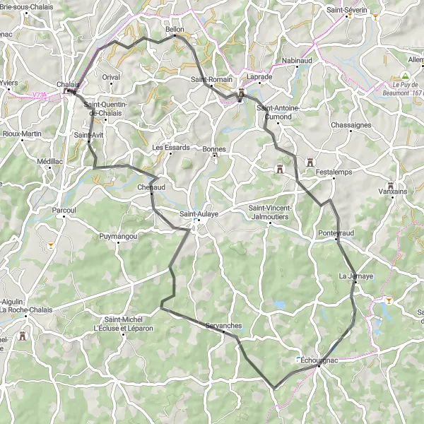Miniature de la carte de l'inspiration cycliste "Itinéraire cycliste de 70 km près de Chalais" dans la Poitou-Charentes, France. Générée par le planificateur d'itinéraire cycliste Tarmacs.app