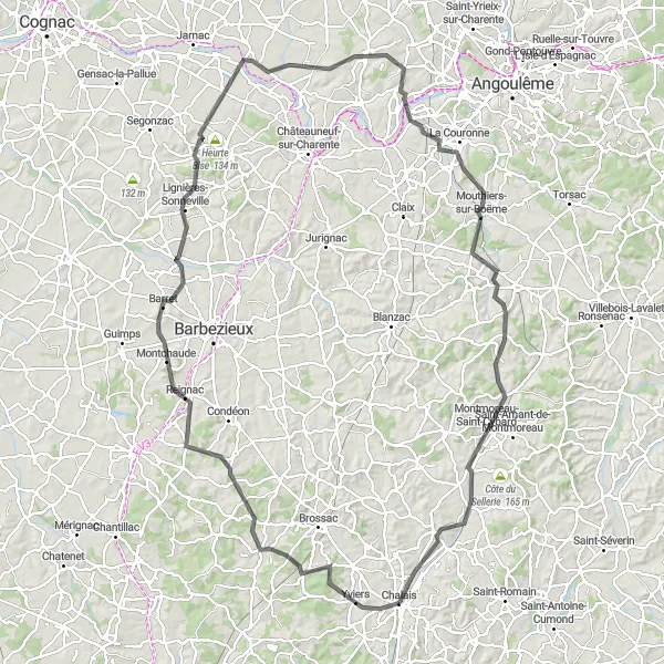 Map miniature of "Montchaude and Hiersac Cycling Route" cycling inspiration in Poitou-Charentes, France. Generated by Tarmacs.app cycling route planner