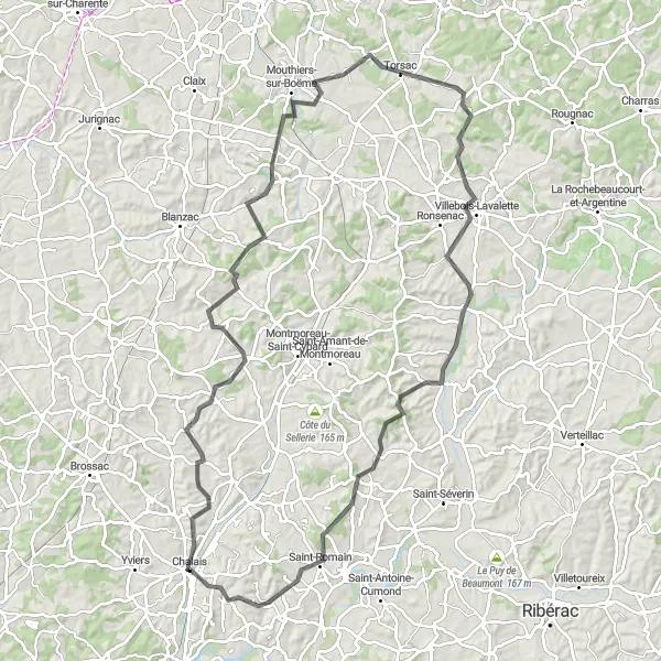Map miniature of "Château des Talleyrand-Périgord Loop Cycling Route" cycling inspiration in Poitou-Charentes, France. Generated by Tarmacs.app cycling route planner