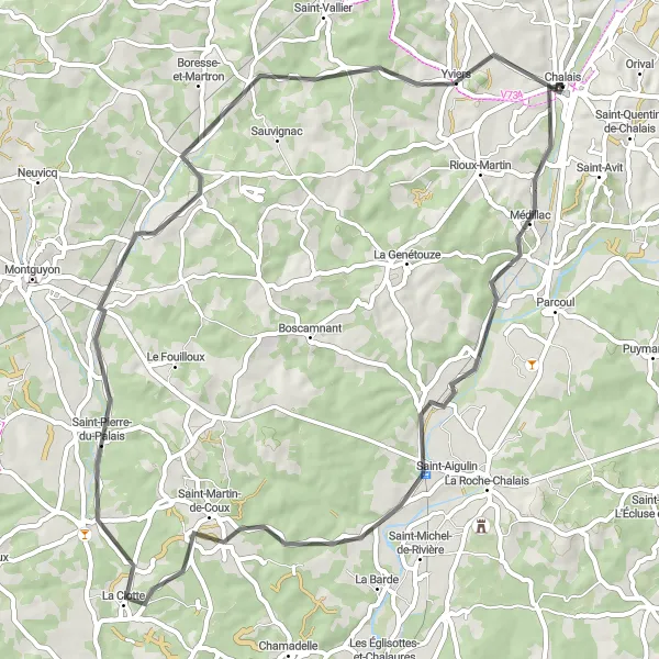 Miniature de la carte de l'inspiration cycliste "Boucle de Chalais à Médillac et Yviers" dans la Poitou-Charentes, France. Générée par le planificateur d'itinéraire cycliste Tarmacs.app