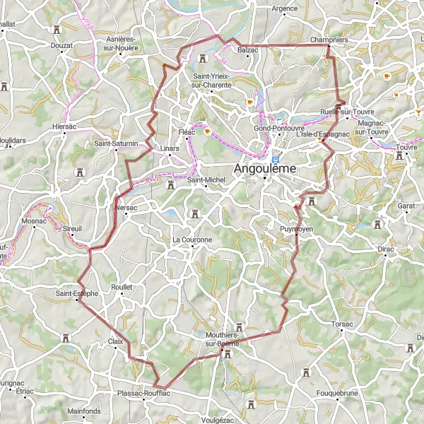 Map miniature of "Champniers-Ruelle-sur-Touvre-Mouthiers-sur-Boëme-Trois-Palis-Vindelle Gravel Route" cycling inspiration in Poitou-Charentes, France. Generated by Tarmacs.app cycling route planner