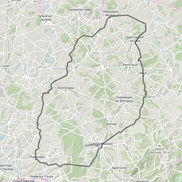 Map miniature of "Champniers-Nanclars-Chassiecq-Saint-Laurent-de-Céris-Suaux-Bunzac-Viville Road Route" cycling inspiration in Poitou-Charentes, France. Generated by Tarmacs.app cycling route planner
