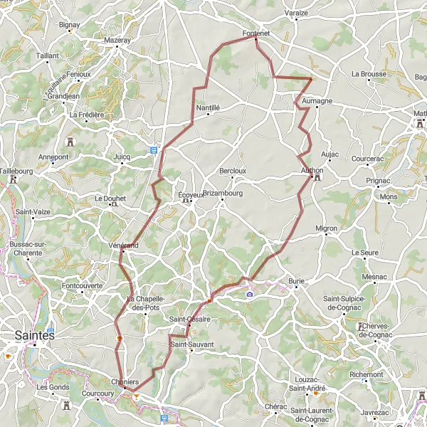 Miniature de la carte de l'inspiration cycliste "Les Sentiers du Val d'Antenne" dans la Poitou-Charentes, France. Générée par le planificateur d'itinéraire cycliste Tarmacs.app