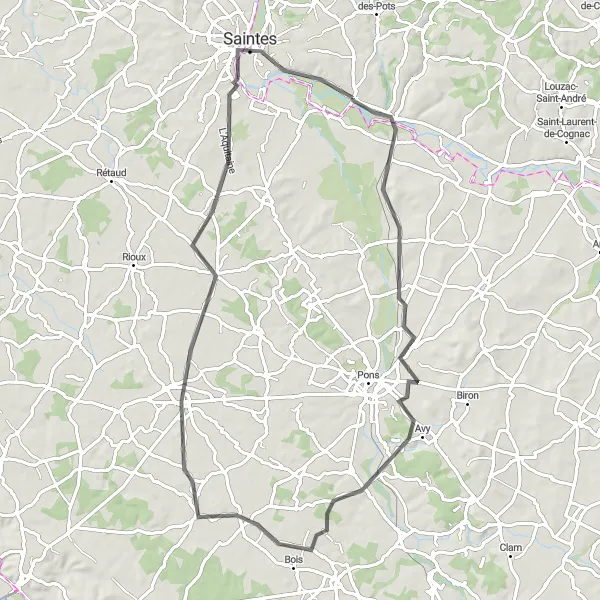 Miniature de la carte de l'inspiration cycliste "Boucle autour de Champagnolles" dans la Poitou-Charentes, France. Générée par le planificateur d'itinéraire cycliste Tarmacs.app