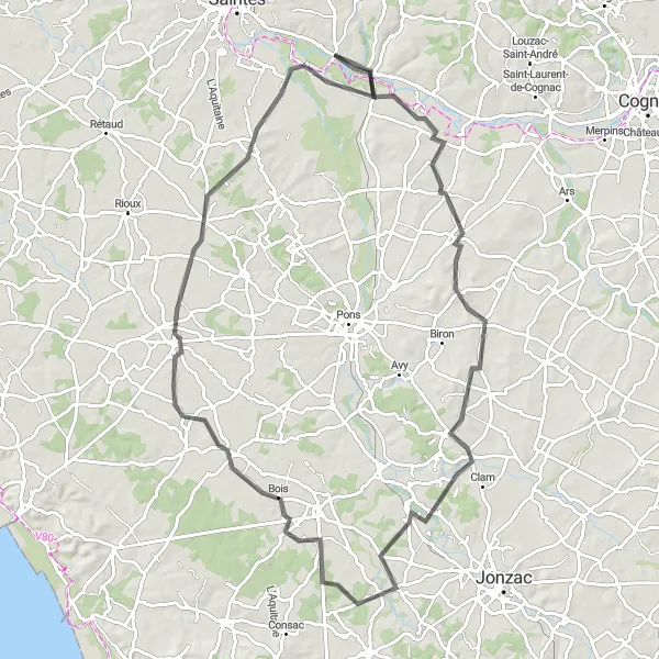 Map miniature of "The Grand Tour of Gémozac" cycling inspiration in Poitou-Charentes, France. Generated by Tarmacs.app cycling route planner