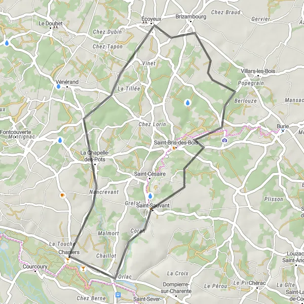 Map miniature of "Chapelle-des-Pots and Abbaye de Fontdouce Loop" cycling inspiration in Poitou-Charentes, France. Generated by Tarmacs.app cycling route planner