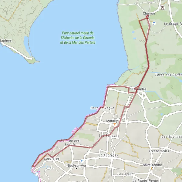 Map miniature of "Gravel Ride around Charron" cycling inspiration in Poitou-Charentes, France. Generated by Tarmacs.app cycling route planner