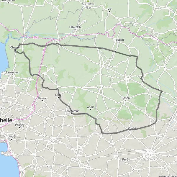 Miniature de la carte de l'inspiration cycliste "Boucle Route des Châteaux" dans la Poitou-Charentes, France. Générée par le planificateur d'itinéraire cycliste Tarmacs.app