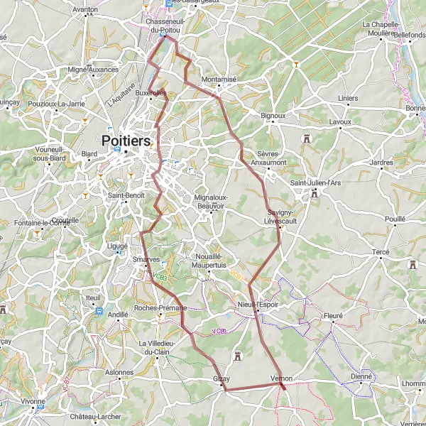 Map miniature of "Montamisé Gravel Challenge" cycling inspiration in Poitou-Charentes, France. Generated by Tarmacs.app cycling route planner