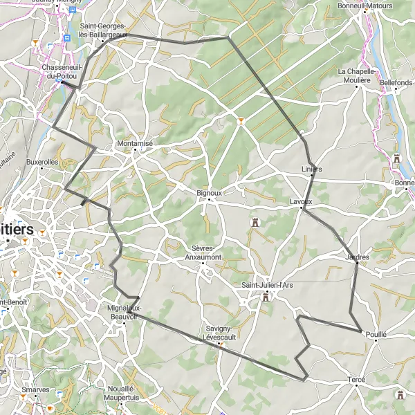 Map miniature of "Liniers and Pouillé Circuit" cycling inspiration in Poitou-Charentes, France. Generated by Tarmacs.app cycling route planner