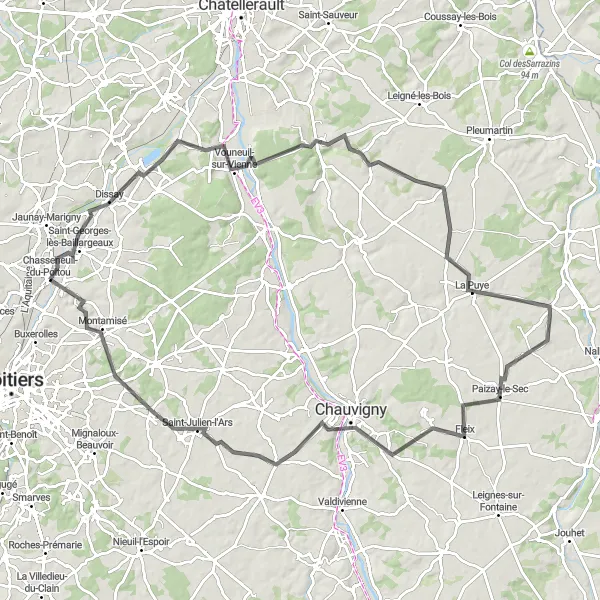 Miniature de la carte de l'inspiration cycliste "Parcours pittoresque de 104km en vélo de route près de Chasseneuil-du-Poitou" dans la Poitou-Charentes, France. Générée par le planificateur d'itinéraire cycliste Tarmacs.app