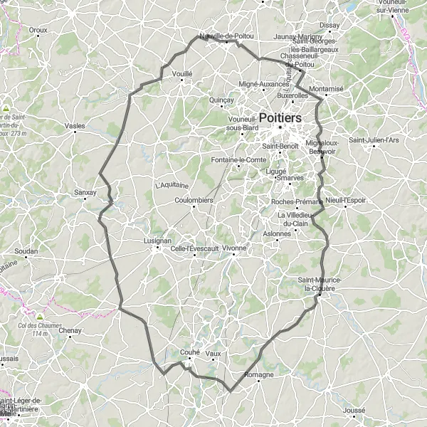 Map miniature of "Rom and Latillé Circuit" cycling inspiration in Poitou-Charentes, France. Generated by Tarmacs.app cycling route planner