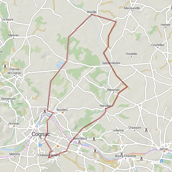 Miniature de la carte de l'inspiration cycliste "Boucle gravel vers Bréville" dans la Poitou-Charentes, France. Générée par le planificateur d'itinéraire cycliste Tarmacs.app