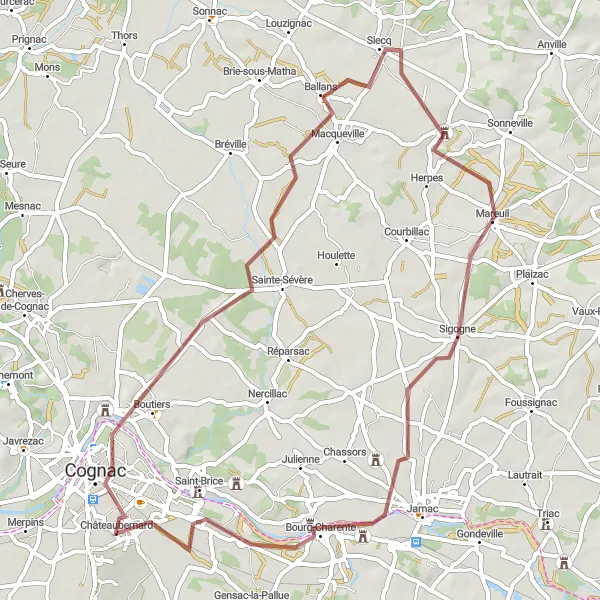 Map miniature of "Cognac Gravel Ride" cycling inspiration in Poitou-Charentes, France. Generated by Tarmacs.app cycling route planner