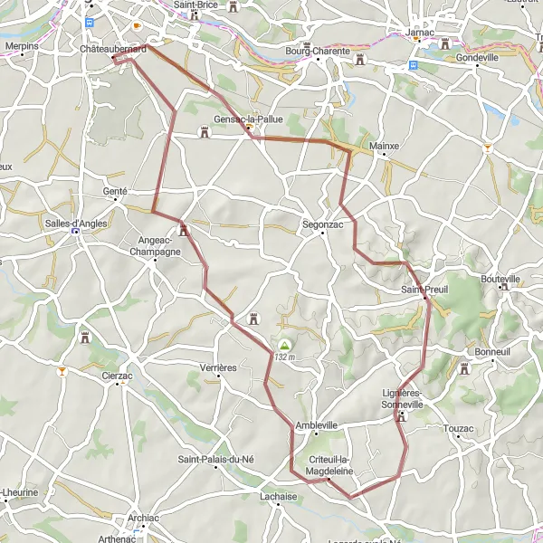 Map miniature of "Gensac-la-Pallue and Château de Roissac Gravel Adventure" cycling inspiration in Poitou-Charentes, France. Generated by Tarmacs.app cycling route planner
