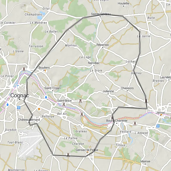 Map miniature of "Sainte-Sévère Road Adventure" cycling inspiration in Poitou-Charentes, France. Generated by Tarmacs.app cycling route planner