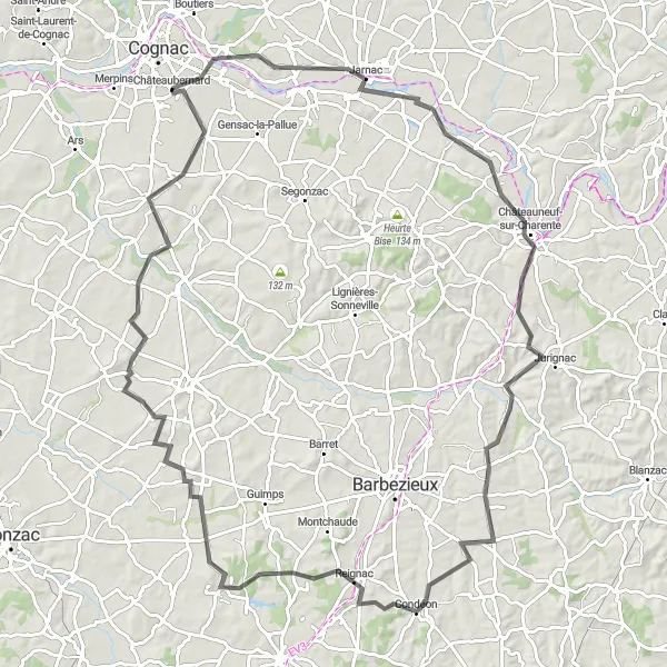 Miniature de la carte de l'inspiration cycliste "La Grande Boucle de la Charente" dans la Poitou-Charentes, France. Générée par le planificateur d'itinéraire cycliste Tarmacs.app