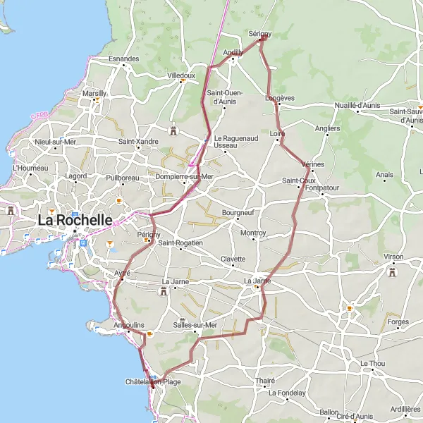 Miniature de la carte de l'inspiration cycliste "Les Marais Salants de Châtelaillon" dans la Poitou-Charentes, France. Générée par le planificateur d'itinéraire cycliste Tarmacs.app