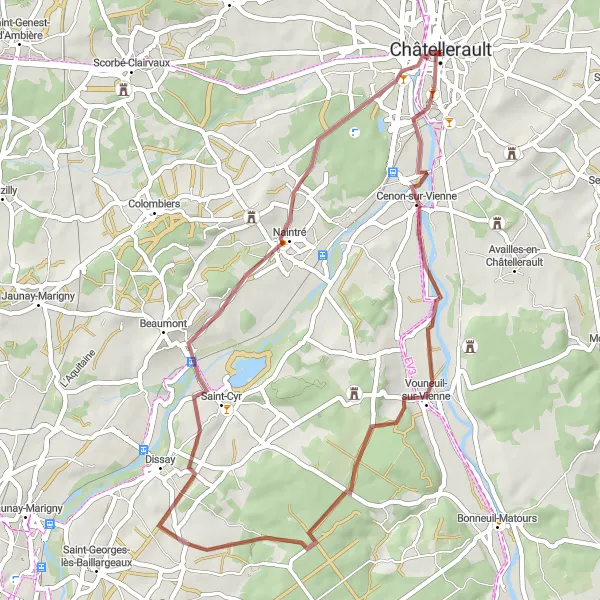 Miniature de la carte de l'inspiration cycliste "Parcours pittoresque de Vouneuil-sur-Vienne" dans la Poitou-Charentes, France. Générée par le planificateur d'itinéraire cycliste Tarmacs.app